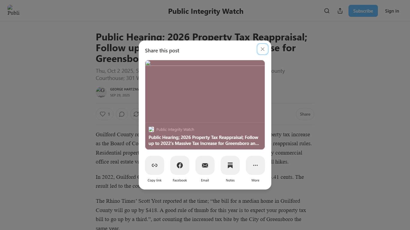 Public Hearing; 2026 Property Tax Reappraisal; Follow up to 2022's Massive Tax Increase for Greensboro and Guilford County